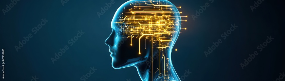 Poster digital representation of a human brain with circuits, symbolizing ai, technology, and neural networ