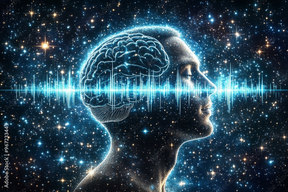 Poster creativity burst auditory signal neural clarity energy burst and waveforms profile of a man with cos