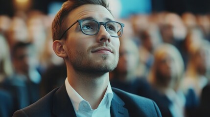 Fototapeta premium Man in Glasses Looking Up in Audience
