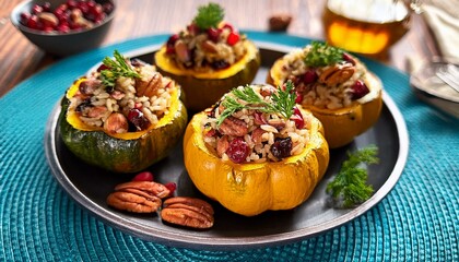  Platter of beautifully presented stuffed acorn squash, filled with a tasty mixture of wild rice, dried cranberries, and spices, perfect for a festive meal.