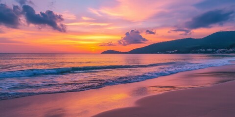 The ocean is calm and the sky is a beautiful orange color. The beach is empty and the waves are small