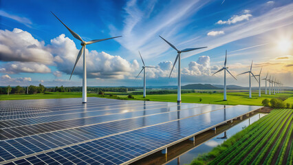 Innovative energy plant using solar panels and wind turbines for sustainable power solutions