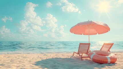 Beach scene featuring an umbrella, chairs, and an inflatable ring on sandy shores. Summer vacation theme.