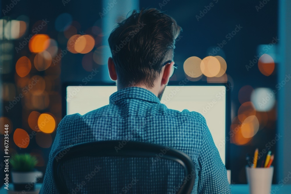 Poster rear view of a man working on multiple computer monitors in a dark office environment at night, with