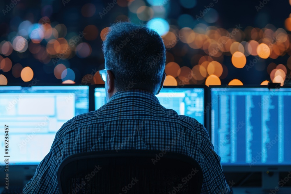 Aufkleber rear view of a man working on multiple computer monitors in a dark office environment at night, with