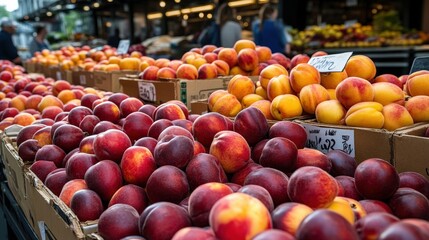 A market stand full of ripe, juicy nectarines (Prunus persica var. nucipersica), ready for eager customers