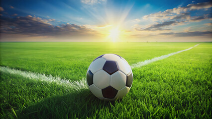 Soccer ball in the center of a vibrant green field, sports, soccer, football, game, activity, competition, outdoor, grass
