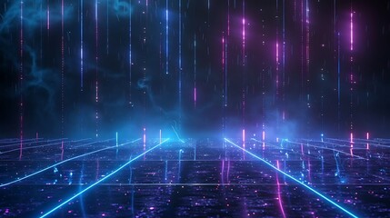 Obraz premium A captivating digital background featuring vibrant neon lights, creating a futuristic and dynamic atmosphere for various designs. Stage for product presentation.
