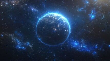 Fototapeta premium A Glowing Blue Planet in a Starry Space