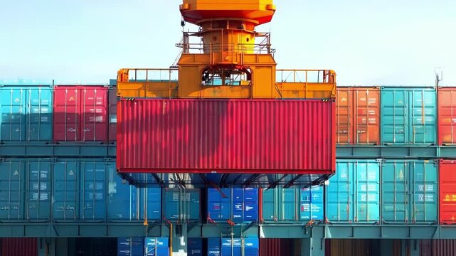 Industrial crane lifts a red shipping container among blue and orange containers, symbolizing global logistics and transportation efficiency