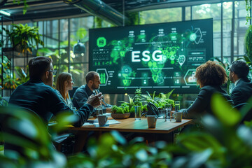 World leaders and diverse executives are seated around a conference table in modern meeting rooms, discussing the ESG (Environmental, Social, and Governance) model