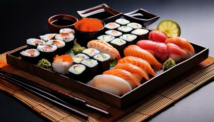 A beautifully arranged sushi platter featuring various types of sushi, including nigiri and maki rolls, served with traditional soy sauce, wasabi, and pickled ginger.