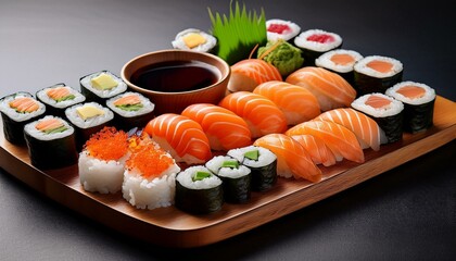 A beautifully arranged sushi platter featuring various types of sushi, including nigiri and maki rolls, served with traditional soy sauce, wasabi, and pickled ginger.