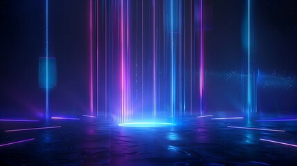 A captivating scene of colorful light beams emerging from a reflective surface, evoking a futuristic and surreal atmosphere. Stage for product presentation.