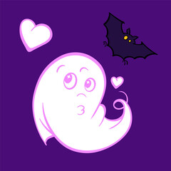 A lovely white ghost vector illustration alongside a cute black bat on a dark purple background, perfect for Halloween themes and spooky fun