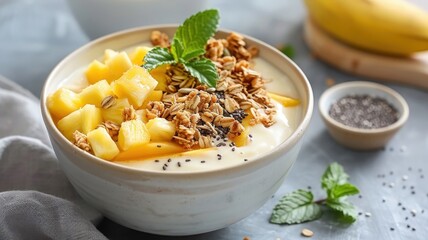 A vibrant smoothie bowl filled with juicy pineapple, mango, and banana chunks.