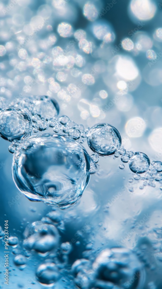 Poster macro view of water bubbles in blue light, abstract nature background. freshness and purity concept