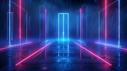 Fototapeta premium A futuristic corridor illuminated by vibrant neon lights, creating an atmospheric and surreal experience. Stage for product presentation.