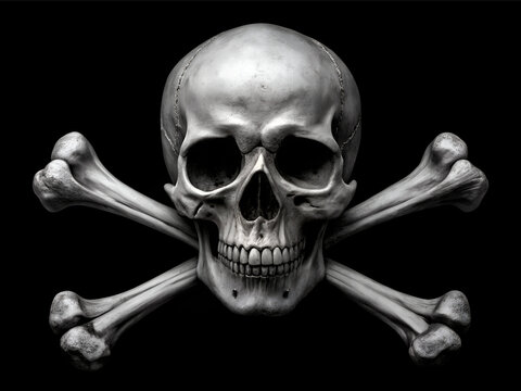 White image of skull with block background. Skull with crossbones on the front. Generated by AI