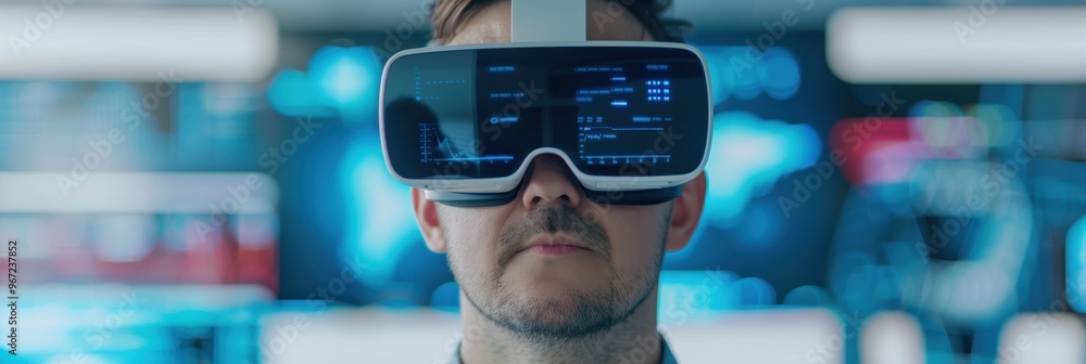 Poster a man wearing a virtual reality headset is analyzing digital data, surrounded by futuristic screens 