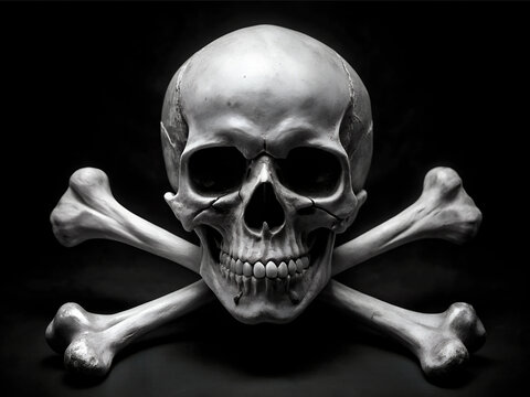 White image of skull with block background. Skull with crossbones on the front. Generated by AI