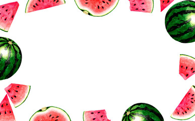 スイカのフレーム　野菜・フルーツの手描き水彩イラスト背景素材