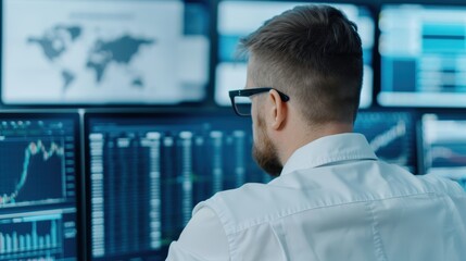 A man in glasses is analyzing data displayed on multiple screens in a modern office, focused on charts and graphs for data analysis.