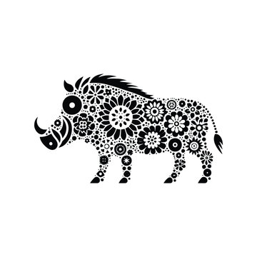 recommend clip art: Warthog made by simple flower drawing, black and white animal illustration