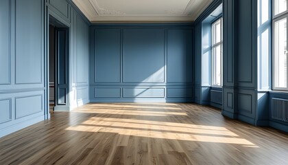 Contemporary empty room with blue walls and polished wooden floors, showcasing a minimalist and clean aesthetic