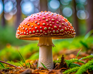 A close up photo of a mushroom vibrant colorful. Growing in verdant forest mushroom.
