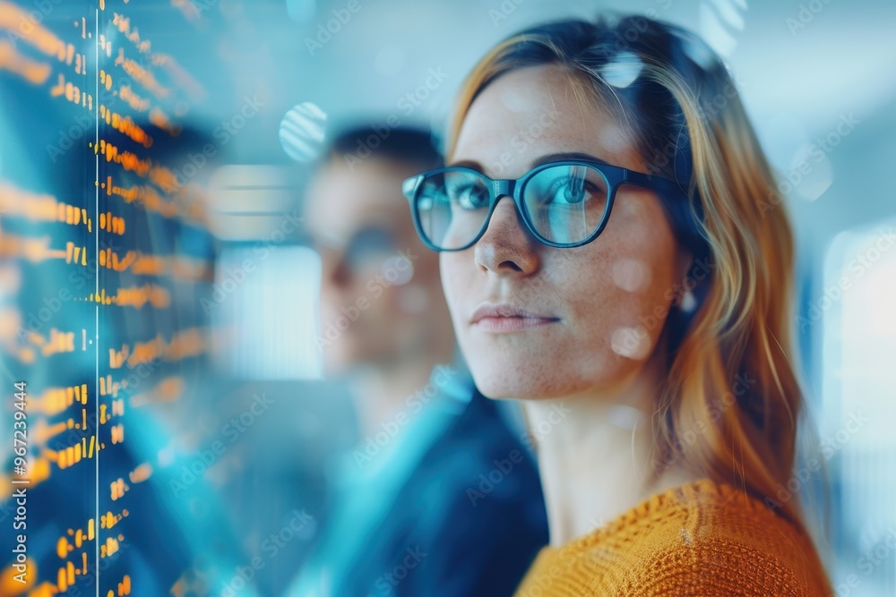 Aufkleber a woman in glasses focuses on analyzing data displayed on a digital screen in a modern tech environm