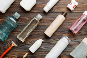 Mockup for bathing products top view flat lay, spa razor, toothpaste, soap, gel and other various accessories. Cosmetics for skin health. Bath Mockup for your logo