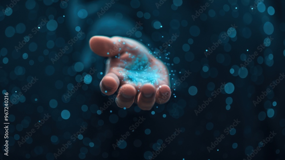 Wall mural a close-up of a hand holding glowing blue particles, surrounded by a dark blurred bokeh background, 