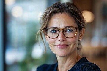 Happy middle aged professional german business woman, smiling mature executive ceo manager, 45 years old female entrepreneur, confident business owner wearing glasses in office. Headshot portrait