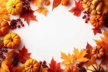 Fototapeta premium Autumn-themed flat lay with pumpkins, leaves, and berries on a white background