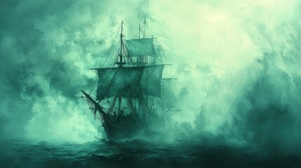 Fototapeta premium Cursed pirate ship, sailing through an eerie sea of mist, ghostly glow, Watercolor style