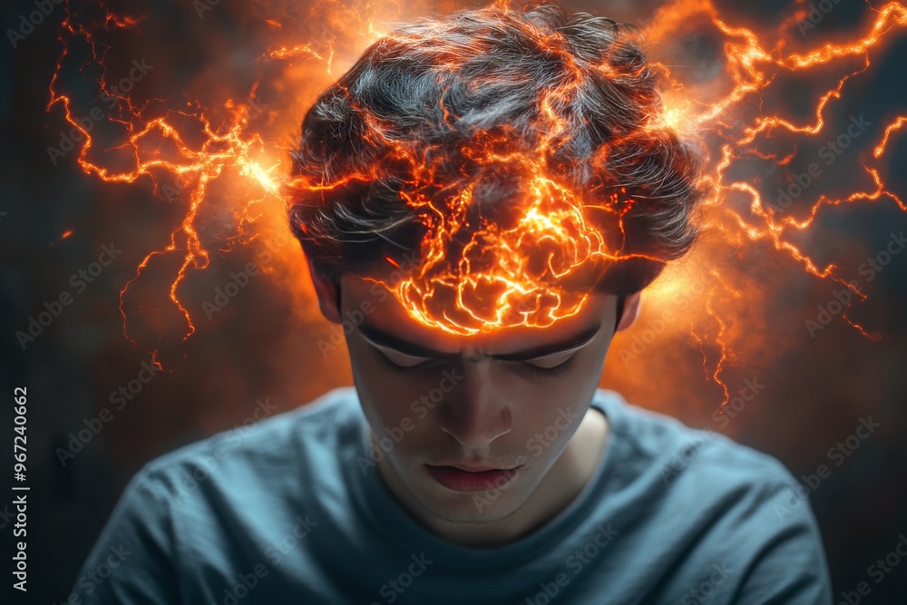 Poster neural tension abstract thought sound energy sound resonance and radiance burst man with fiery explo
