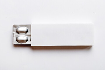 Blank White Product Package Box Mock-up. Open blank medicine drug box with blister top view