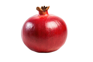Whole pomegranate with a deep red, textured skin resting on a white surface isolated on white background