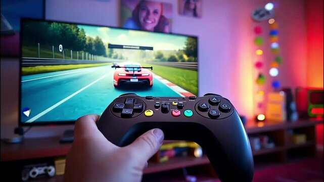 Person holding a gaming controller, playing a racing game on a screen

