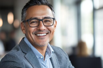 Obraz premium Happy middle aged professional mexican american business man, smiling mature executive ceo manager, 45 years old male entrepreneur, confident business owner wearing glasses in office. Headshot portrai