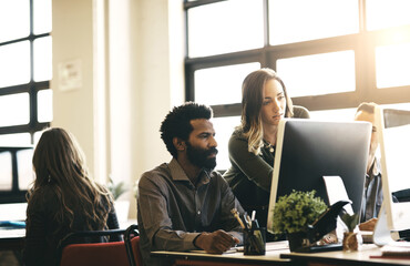 Office, business people and mentor with computer for assistance, website solution and research....
