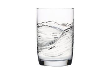 Water cascading into an empty glass creating ripples and waves isolated on white background