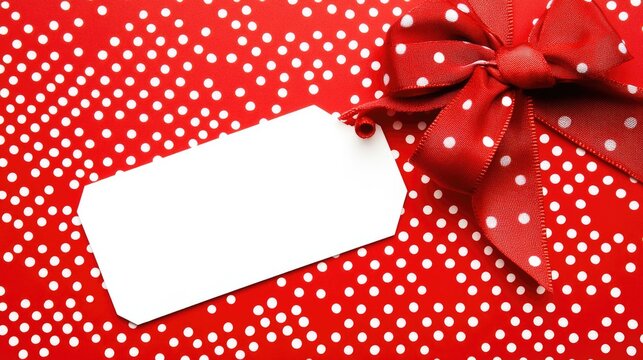 A beautifully wrapped Christmas present with a blank tag ready for personalization on a festive polka dot background - Powered by Adobe