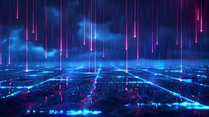 Obraz premium A futuristic scene with neon lights, creating a digital rain effect over a grid landscape, evoking a sense of technology and innovation. Stage for product presentation.