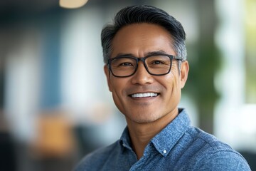 Happy middle aged professional asian american business man, smiling mature executive ceo manager, 45 years old male entrepreneur, confident business owner wearing glasses in office. Headshot portrait