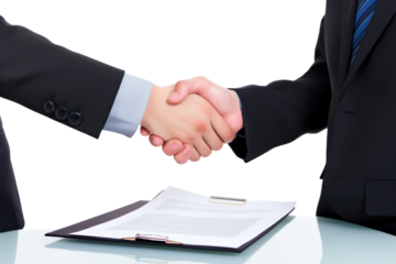 Two business partners reviewing a contract and shaking hands isolated on white background