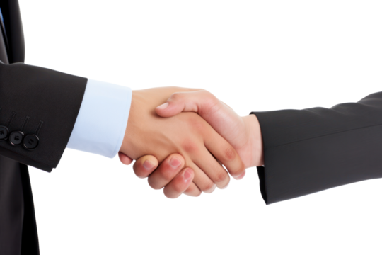 Two business partners reviewing a contract and shaking hands isolated on white background