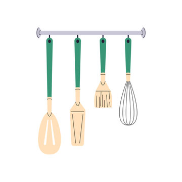 kitchen utensils hanging, green handles, white background clip art preview