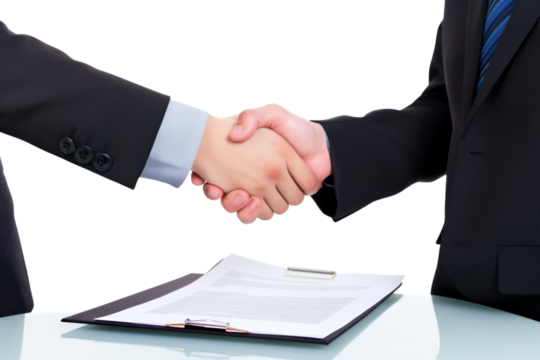 Two business partners reviewing a contract and shaking hands isolated on white background